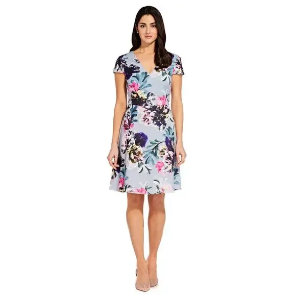 Adrianna Papell | Dresses | Adrianna Papell Floral Fit And Flare Dress Size  Cap Sleeve V Neck Art To Wear | Poshmark